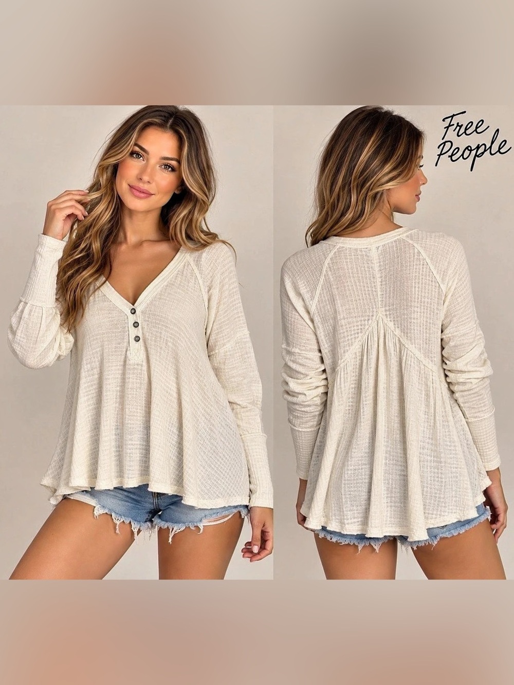 Free People We The Free Oh My Babydoll Thermal Waffle Henley Top Cream S